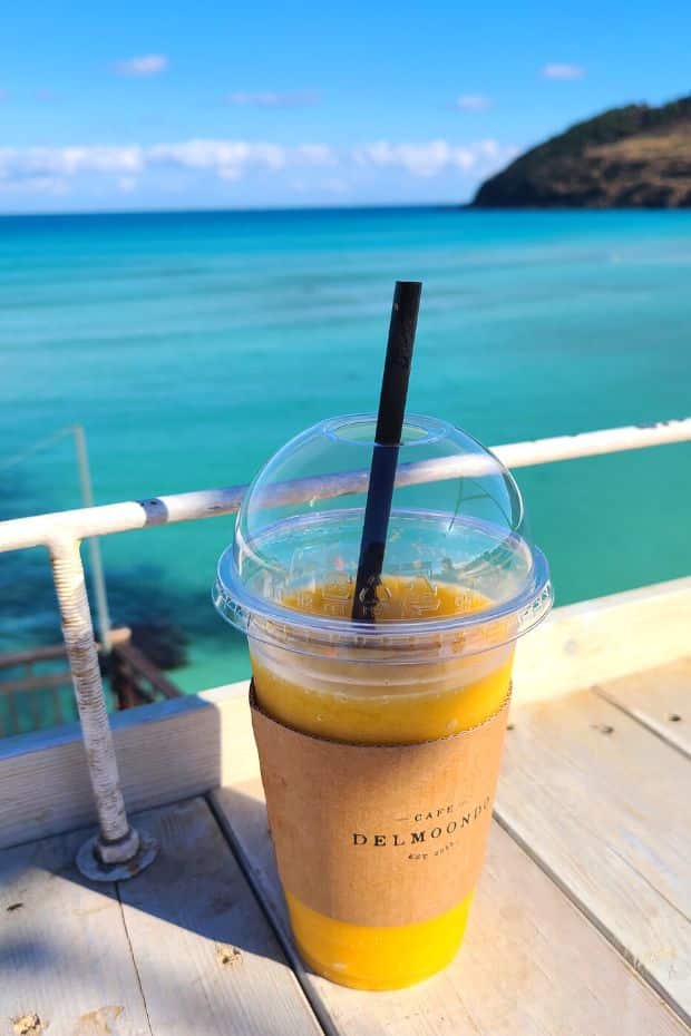 Fruit smoothie overlooking the sea at Hamdeok Beach