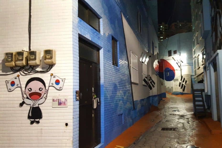 Korean street with Korean flags and murals