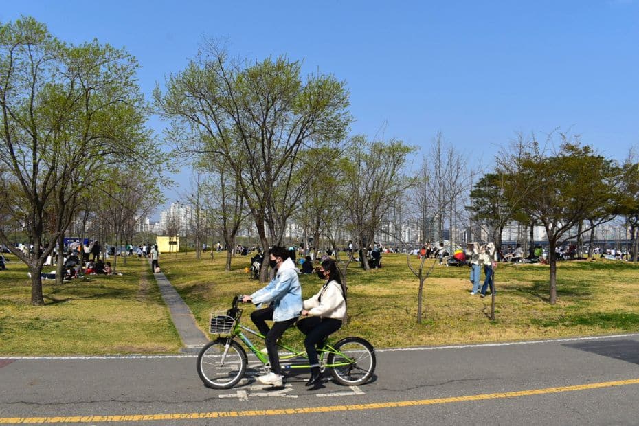 Couple on a rented bike in Seoul