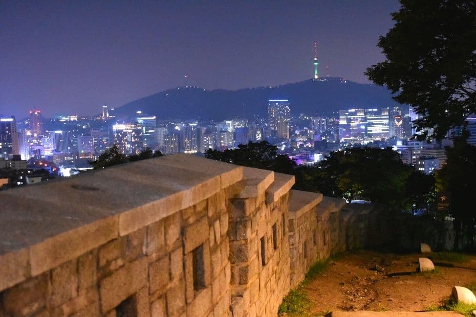 Seoul's fortress walls at night in summer
