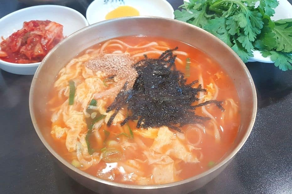 A bowl of kalguksu hand cut noodles in Korea