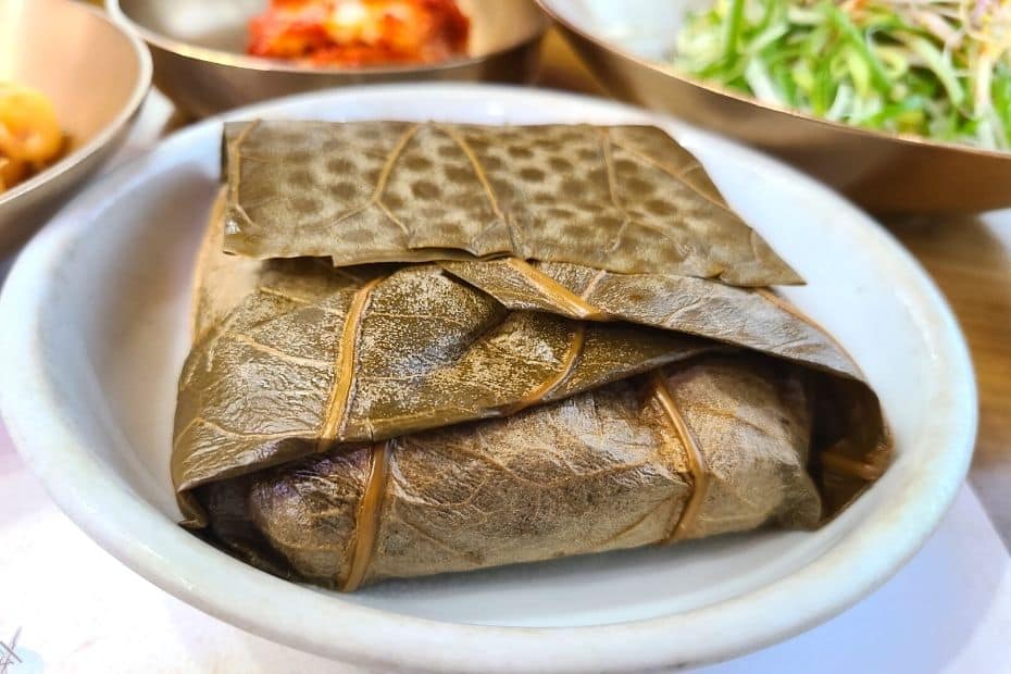 Lotus leaf wrapped rice in a traditional Korean restaurant