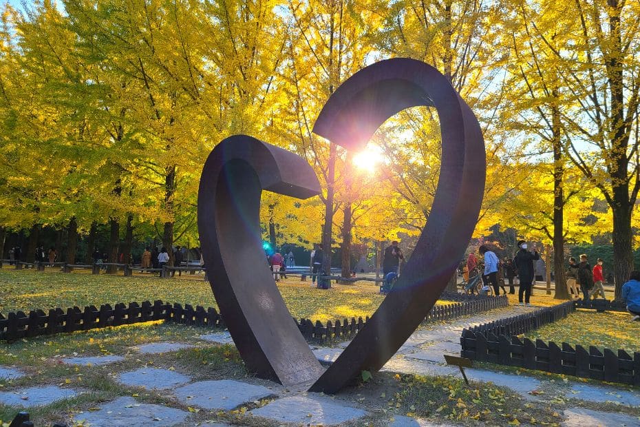 Heart Statue With Autumn Foliage On Nami Island