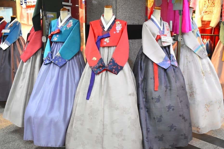Selection of Korean hanbok at a traditional market