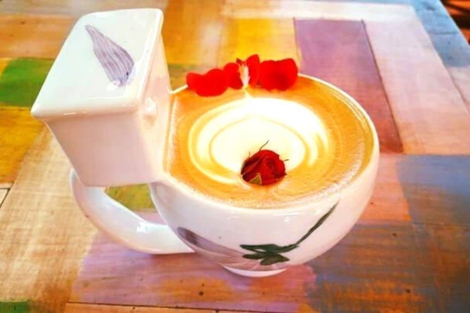 Rose latte in a toilet shaped cup from the Poop Cafe in Seoul