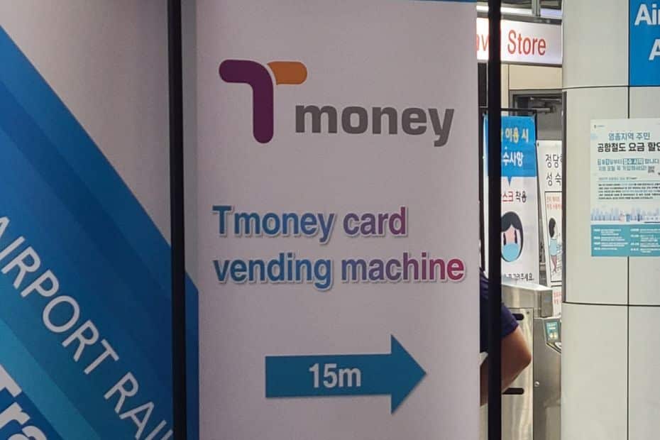Sign showing where to buy t-money cards at Incheon Airport