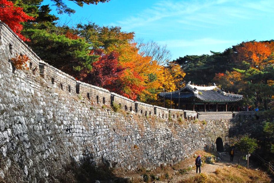 Korean Fortress wall with autumn foliage