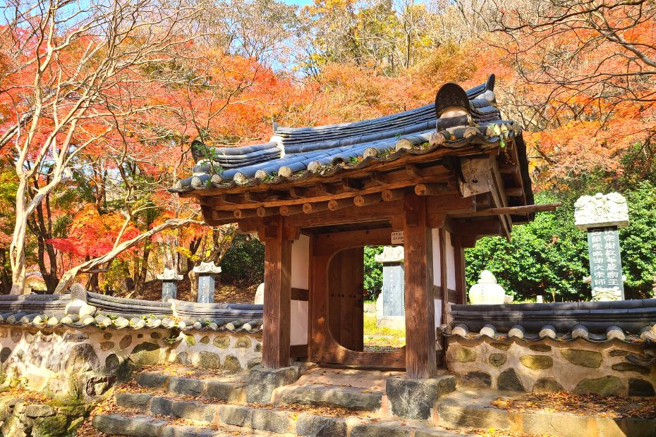 Traditional Korean gate with autumn foliage