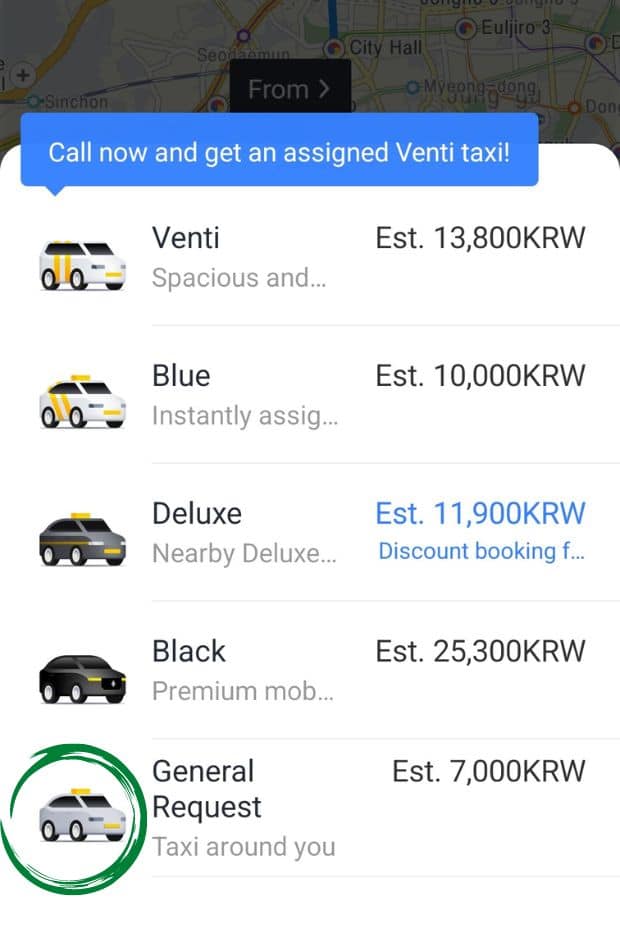 Different types of taxi on Kakao Taxi app