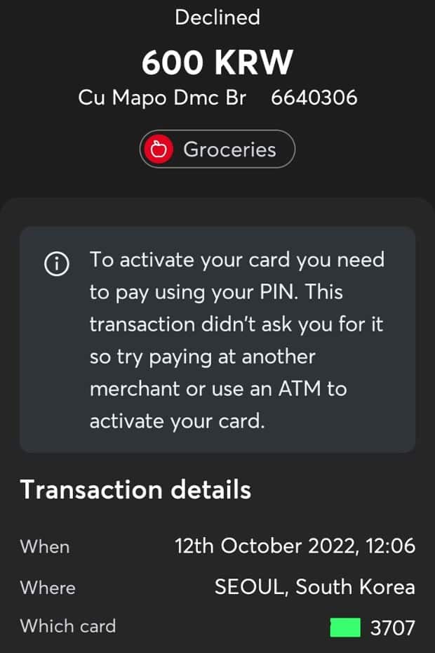 Declined card payment using Wise in Korea