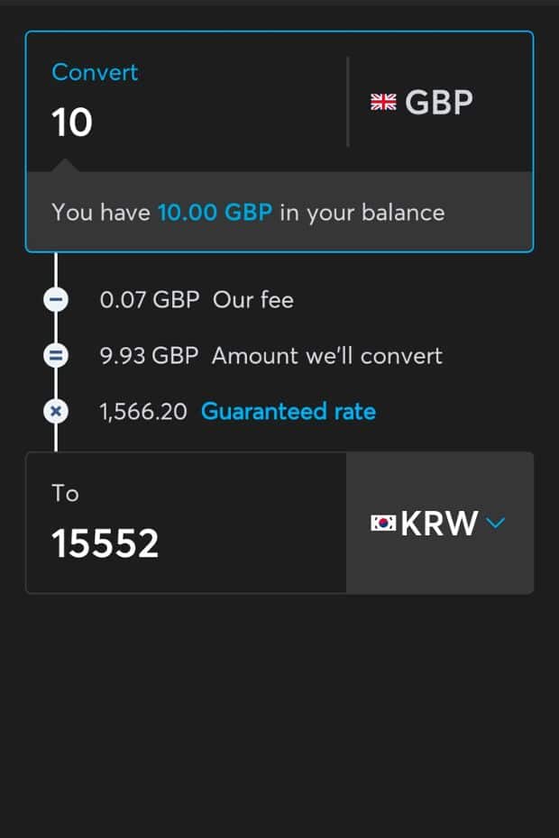 Example GBP to KRW Transfer On Wise