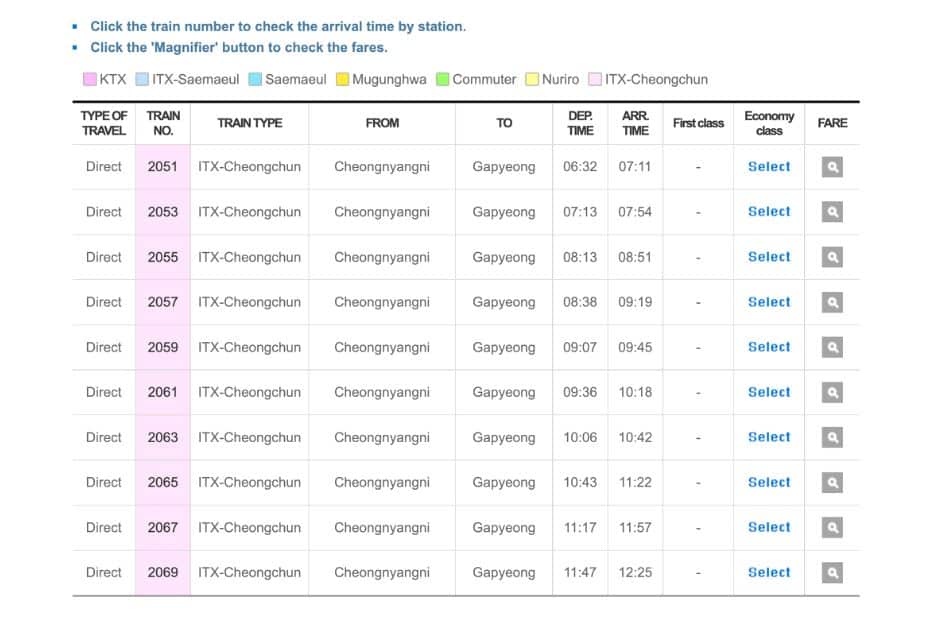 Train Times From Cheongnyangni Station To Gapyeong Station (1)