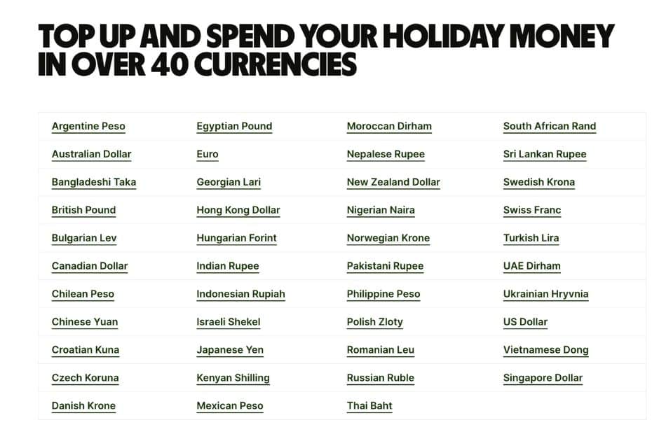 Wise Multi-Currency Travel Money Card Currencies List