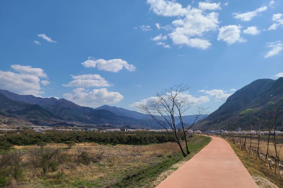 Cycle path with mountains in the background