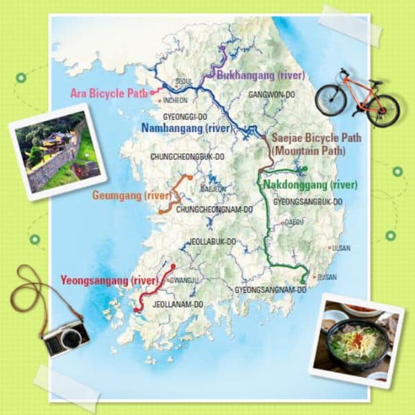 Map showing cycle paths in Korea