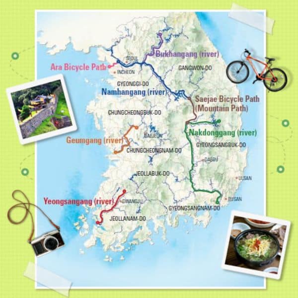 15 Best Places To Go Cycling In Korea: From Coast To Mountains 15 Map showing cycle paths in Korea