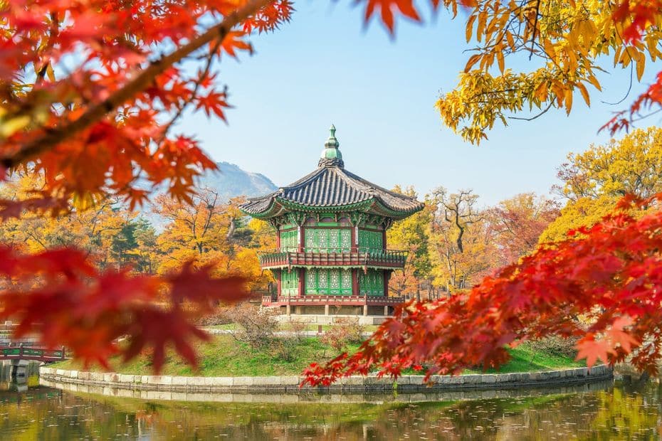 Beautiful Korean Pagoda At Royal Palace In Seoul In Autumn