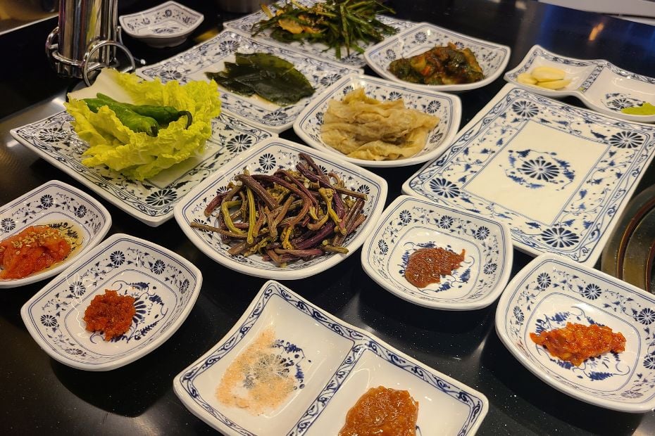Korean side dishes with a Korean BBQ meal