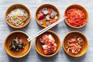 Selection of Korean side dishes called banchan in Korea