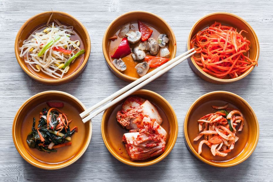 Selection of Korean side dishes called banchan in Korea