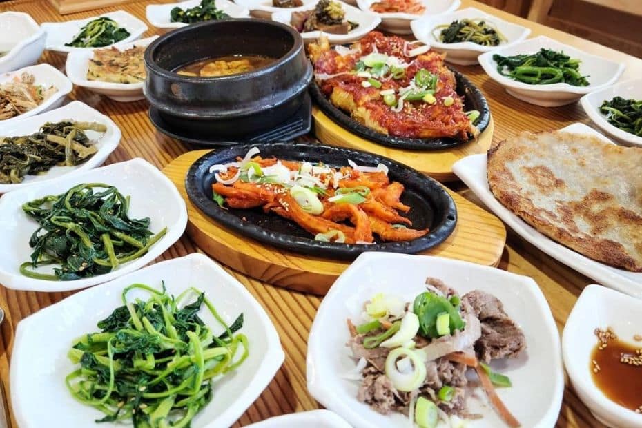 Various side dishes with a Korean meal