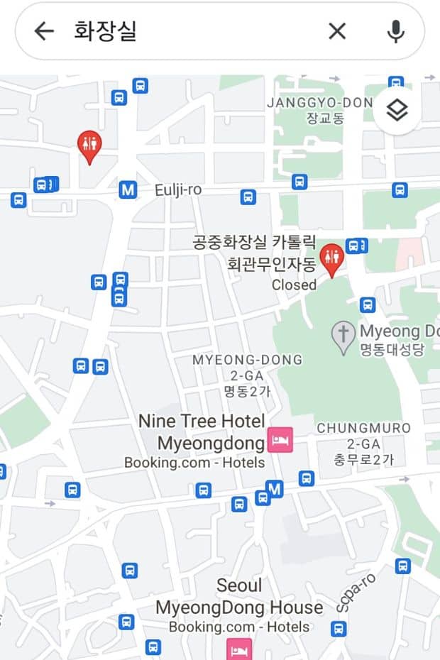 Google Maps search for toilets in Seoul