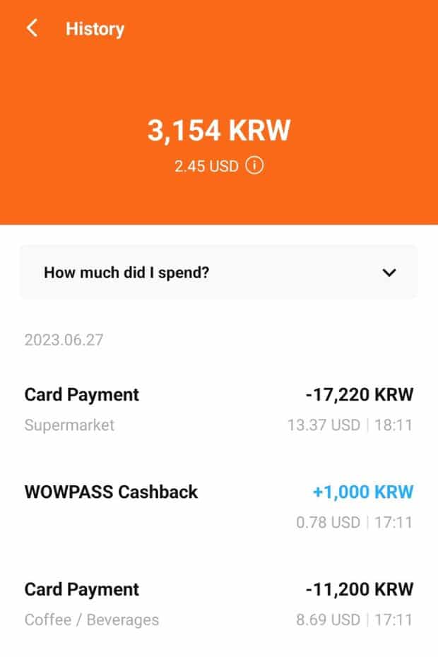 Transaction History on WOWPASS App