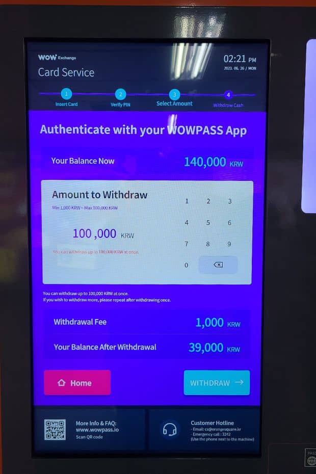 Withdrawing cash from WOWPASS