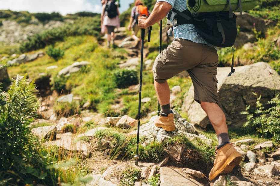 Person mountain hiking with hiking sticks