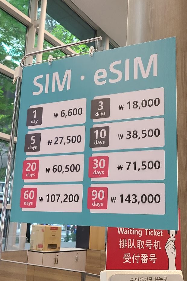 SIM and eSIM prices at Incheon Airport