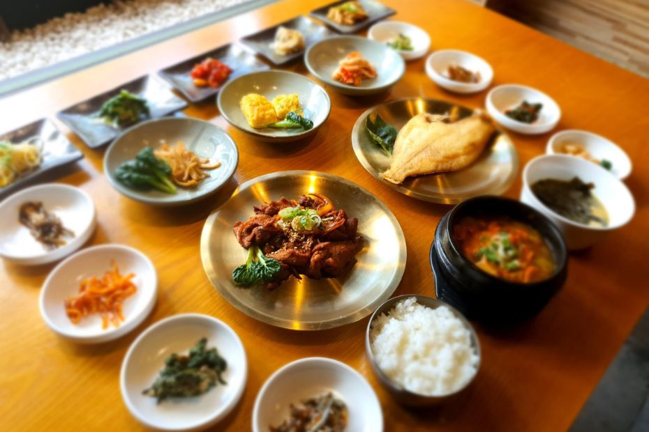 Selection of Korean dishes at traditional restaurant