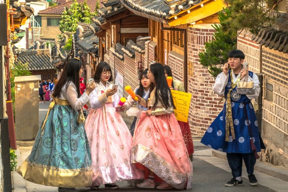 People in hanbok in Buckhon Hanok Village Seoul