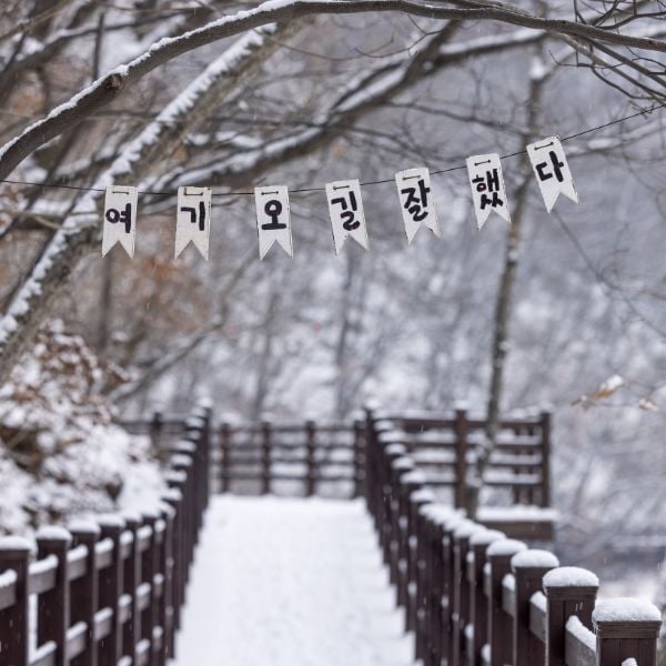 Message in Korean in snowy scene