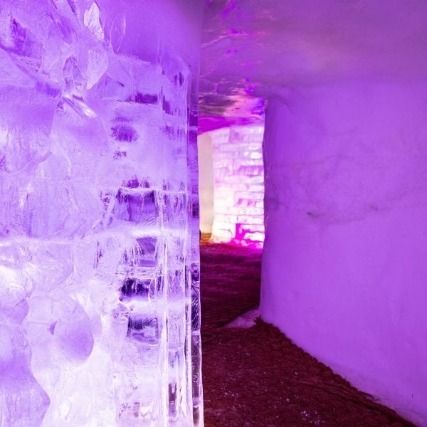 Purple lights inside the ice cave