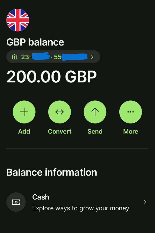 British pound balance on Wise app