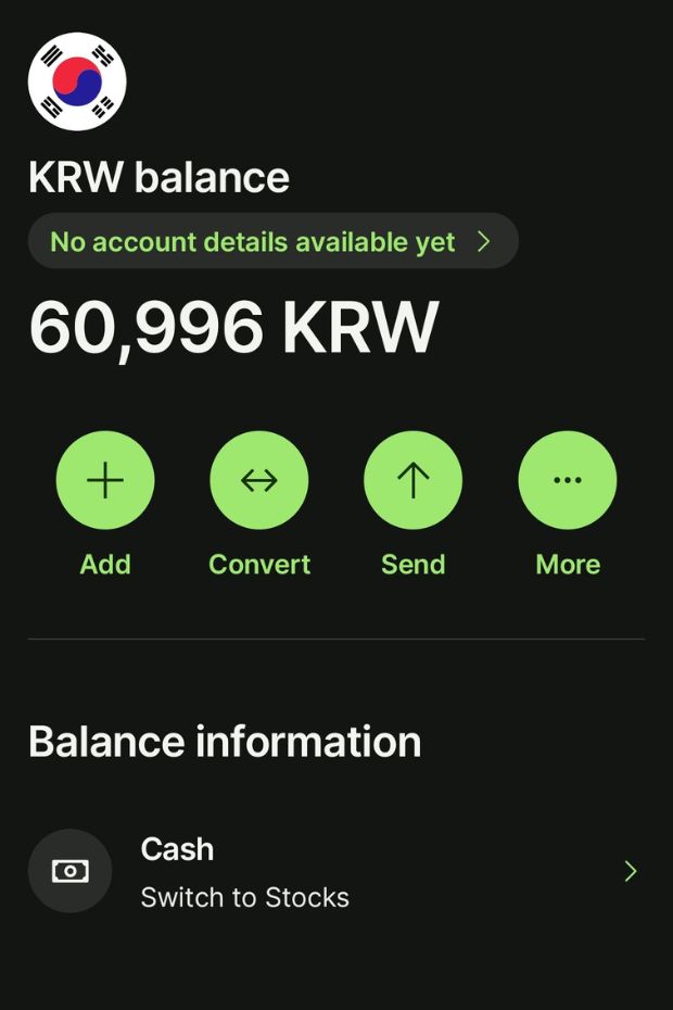 Korean won balance on Wise app