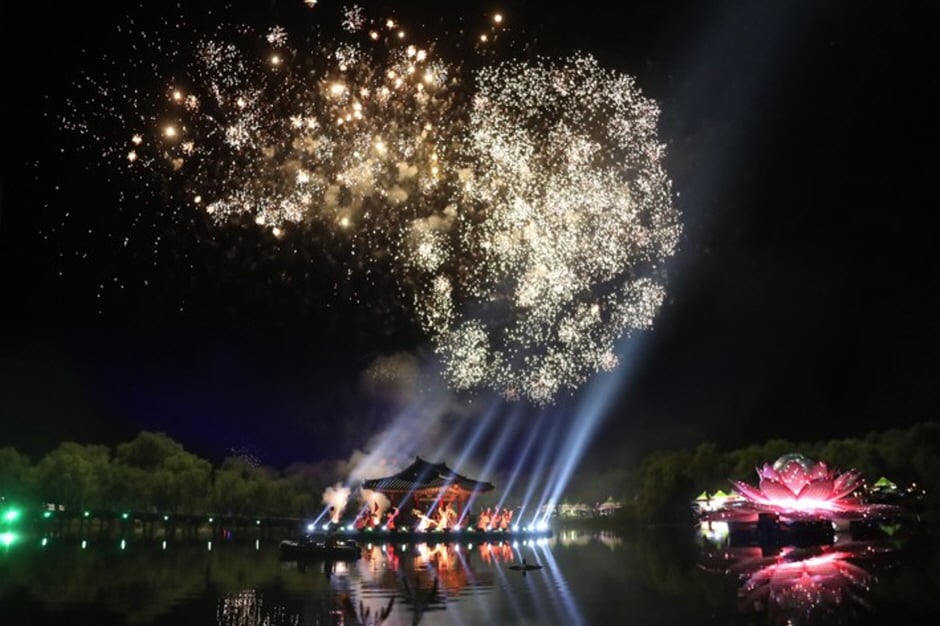Stunning fireworks show over Gungnamji Pond in Buyeo City South Korea