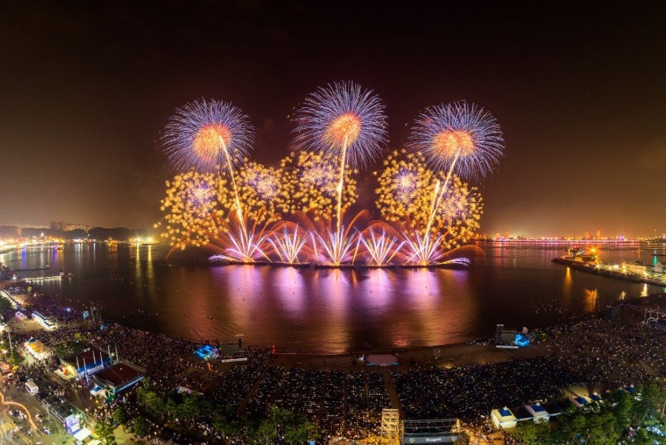 Fireworks display in celebration of Pohang International Fireworks Festival in Yeongildae Beach in Pohang, South Korea